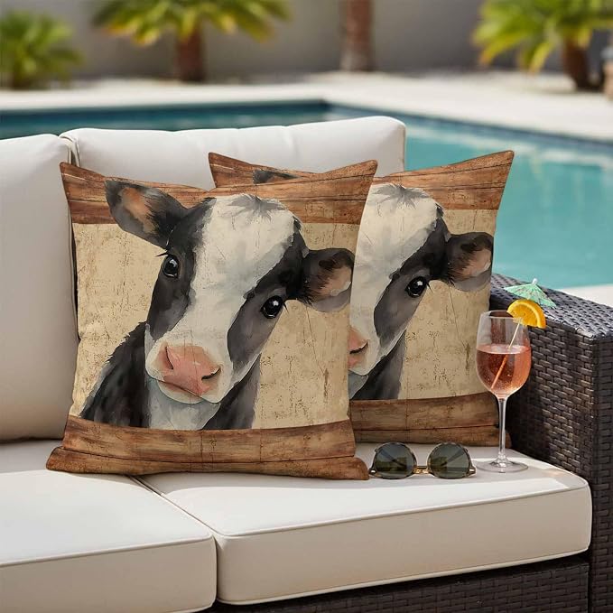 Farmhouse Cow Outdoor Pillow Covers 20x20 Inch Throw Pillow Covers Set of 2 Waterproof Decorative Pillow Cases Country Vintage Animals Wooden Grain Cushion Covers for Patio Furniture Garden Couch Sofa