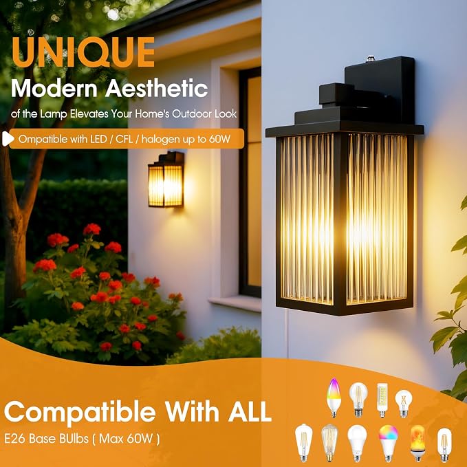 13" Matte Black Dusk to Dawn Outdoor Light, Exterior Light Fixture | Auto On and Off, Anti-Rust Metal Frame, Tempered Glass, E26 Socket, Easy DIY Install on Porch, Garage