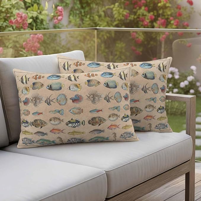 Outdoor Pillow Covers 20x12 Set of 2, Ocean Fishes Waterproof Patio Throw Pillow Covers for Couch Sofa Chair, Retro Tropical Coastal Animal Brown Decorative Pillowcases for Throw Pillows