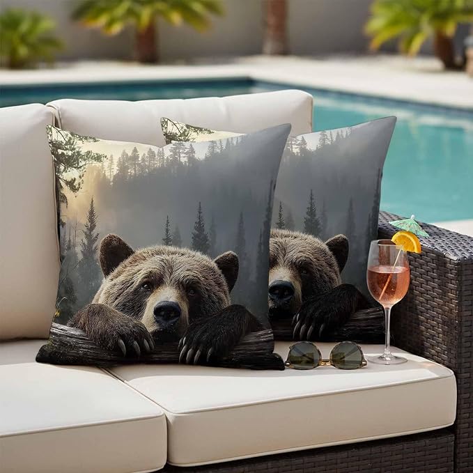 Bear Outdoor Pillow Covers 16"x16" Set of 2, Animal Wood Fence Forest Farmhouse Waterproof Throw Pillow Covers for Patio Furniture, Decorative Cushion Covers for Porch