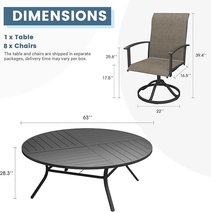 DIFY 9 Pieces Outdoor Dining Set, Metal Patio Table and Chairs Set for 8 with Umbrella Hole, 63" Black Round Table and Brown Textilene Swivel Patio Chairs for Garden, Backyard, Poolside