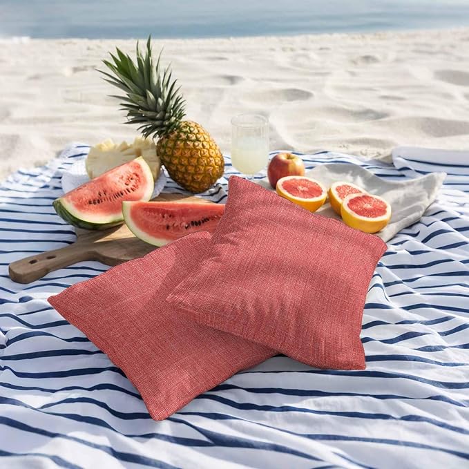 Outdoor Waterproof Throw Pillow Covers Set of 2 Coral Red Linen Pillowcases 26x26 Inches Farmhouse Pure Color Decorative Pillows Cushion Case Patio Pillows for Couch Bed Chair Garden