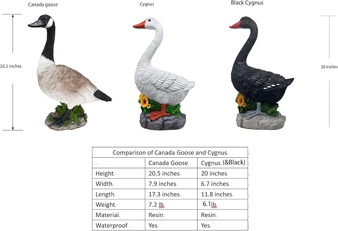 Porch Goose Statue Black Cygnus, Big Resin Garden Lawn Yard Décor, Sculpture, 20 inches High Figurine, Duck, Indoor and Outdoor, by GGTown TM