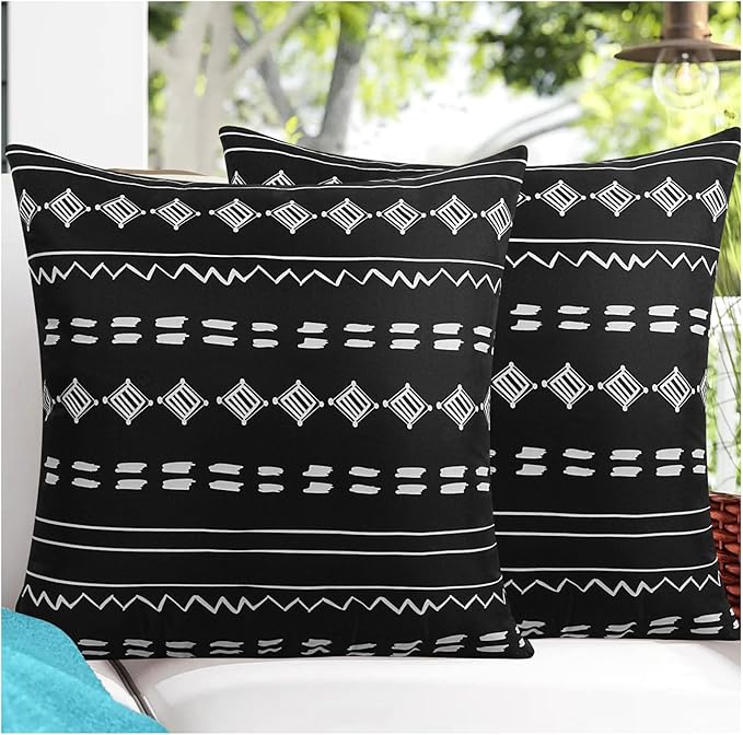 Outdoor Waterproof Pillow Covers 18x18 Set of 2 Black Geometric Design | Waterproof Fabric Designed for Patio Furniture, Porch, Balcony and Garden Decor