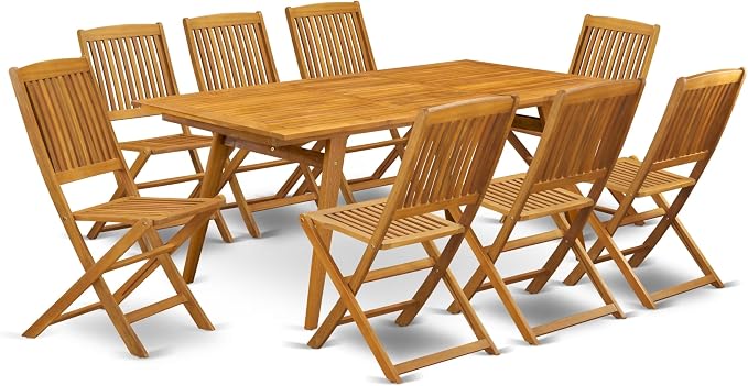 East West Furniture DECM9CWNA 9 Piece Patio Dining Set Includes a Rectangle Outdoor Acacia Wood Table and 8 Folding Side Chairs, 40x72 Inch, Natural Oil