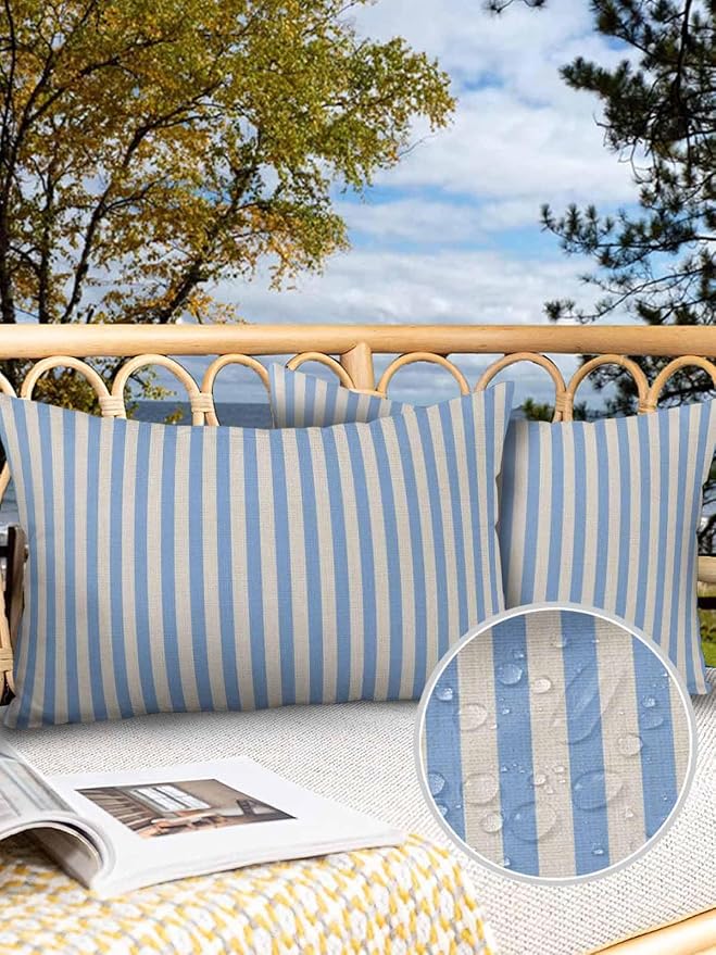 Outdoor Waterproof Throw Pillow Covers Set of 2 Blue Stripes Lumbar Pillowcases 20x12 Inches Linen Classic Vertical Striped Patio Decorative Pillows Cushion Case Patio Pillows for Couch Bed Garden
