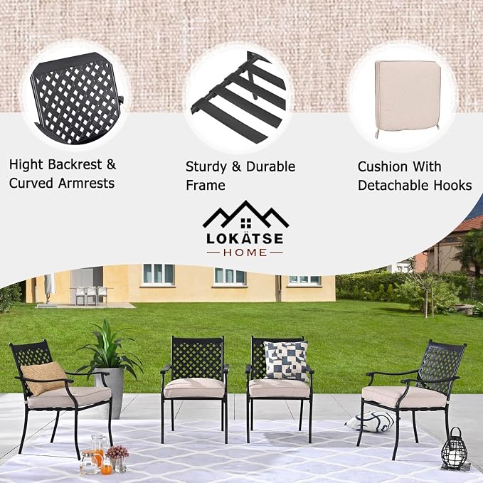 LOKATSE HOME Patio Dining Chairs Set of 4, Stackable Metal Wrought Iron Outdoor Chairs with Armrests & Thick Beige Cushions, All-Weather Heavy Duty Furniture for Garden, Backyard, Deck & Balcony