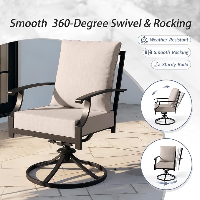 Kullavik 7 Pieces Outdoor Dining Set,Patio Dining Table and Chairs Set for 6,Fence Pattern Back Swivel Chairs with Thickened Cushions & X-Frame Metal Dining Table with Umbrella Hole for Patio,Sand