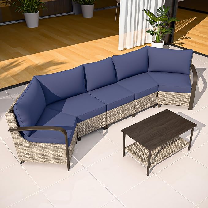 COOS BAY Aurora Terrace 4 Piece Outdoor Sectional Furniture Set, Half Moon Rattan Wicker Conversation Set with 5 Seat Sofa & Coffee Table for Patio Garden Yard, Beige/Blue