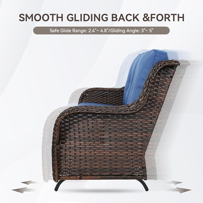 Patio Loveseat Wicker Loveseat Rattan Glider Sofa with Curved Armrest Thicking Back & Seat Cushions for Garden Balcony Backyard Brown Wicker|Blue Cushions (A) Patio Loveseat Glider