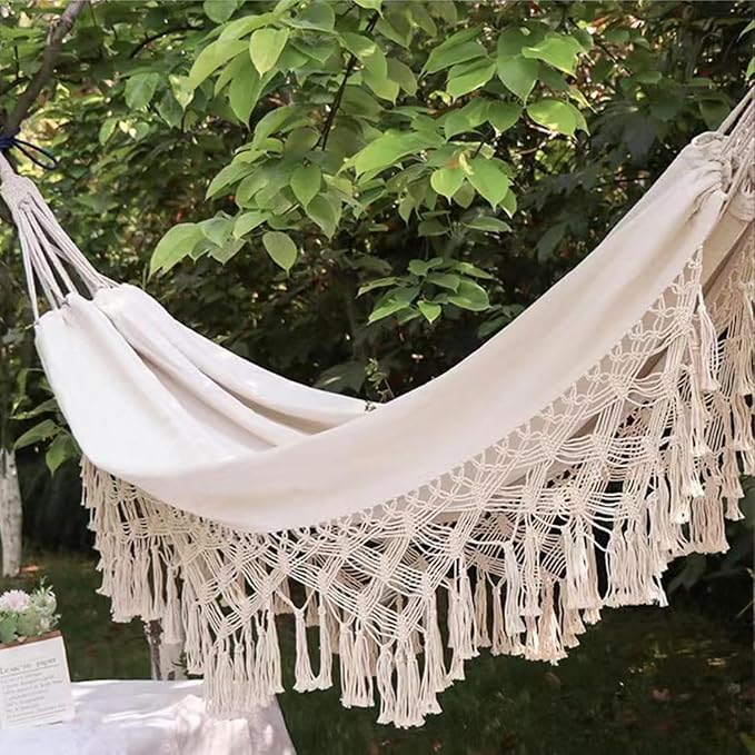 Double Hammock with Tassels, Cotton Canvas Portable Hanging Swing for Indoor Outdoor Use, 150kg Load Capacity, Ideal for Camping and Garden Relaxation