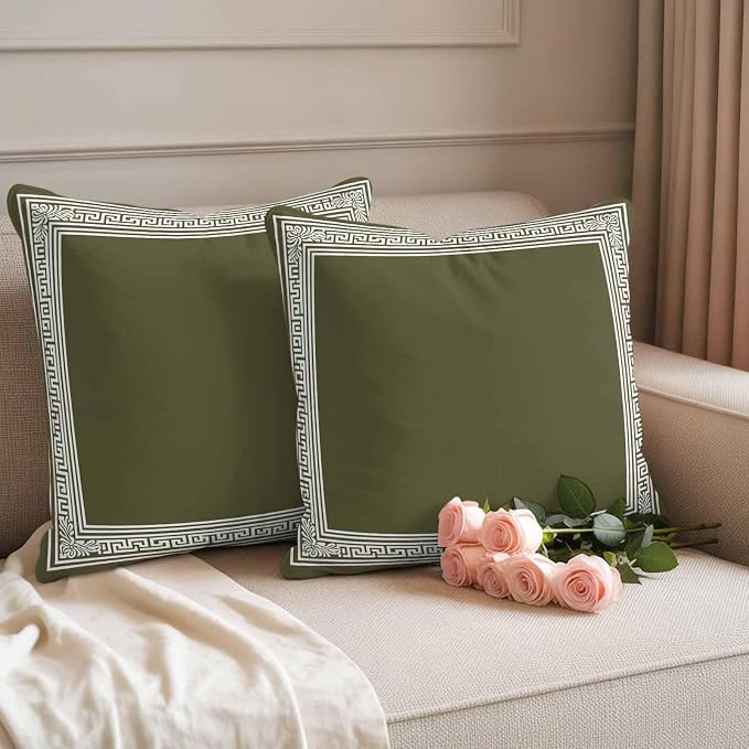 Olive Green Greek Key Waterproof Outdoor Pillow Covers Set of 2 Home Decor, Geometric Greece Ancient Farmhouse Geo Pillowcase Patio Pillow Covers for Couch Bench Furniture Garden 20x20in