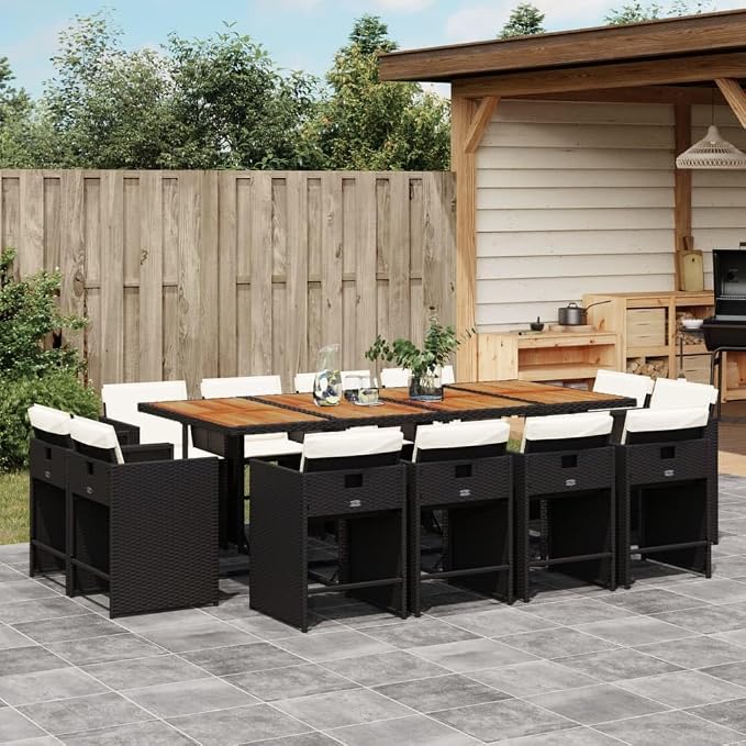 13 Piece Outdoor Dining Set with Cushions Poly Rattan Patio Furniture Black Acacia Wood Table 12 Folding Chairs UV-Proof Garden Porch Backyard