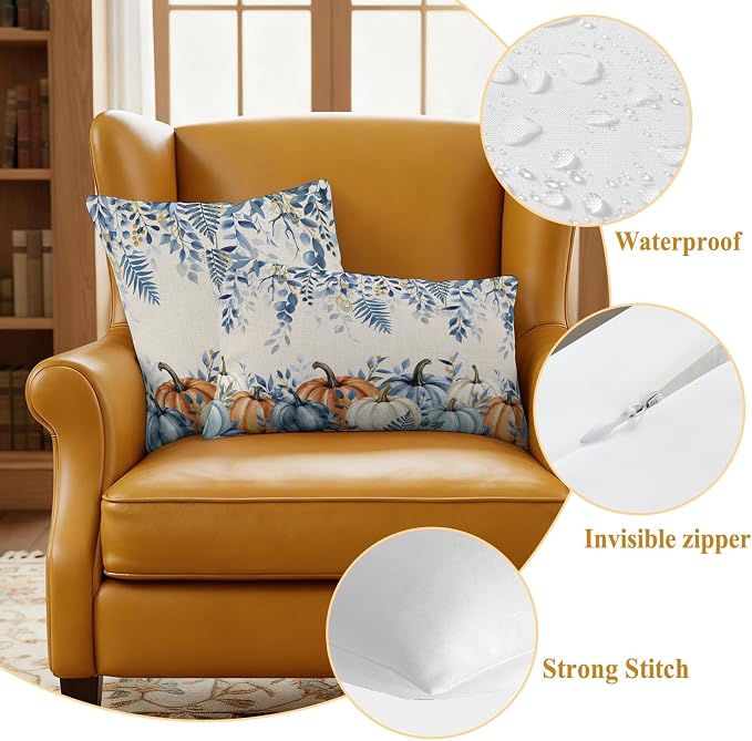 Orange Blue Fall Waterproof Outdoor Pillow Covers 18''x18'' Set of 2, Thanksgiving Eucalyptus Berry Leaves Patio Cushion Covers for Chairs, Decorative Pumpkin Beige Pillow Cases for Garden/Pool/Beach