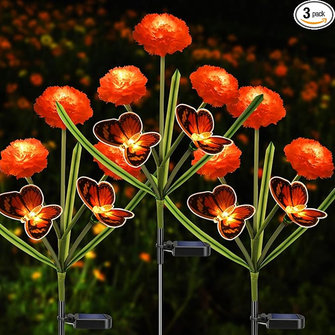 Solar Flowers Outdoor Waterproof, Unique Solar Powered LED Marigold Stake Lights with Monarch Butterflies for Flower Pot, Yard, Lawn, Garden, Outside, Cemetery, Day of The Dead Grave Decor(3 Pack)