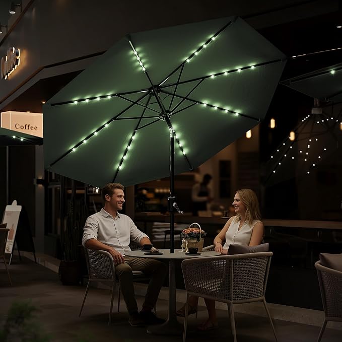 Garvee 9/10 FT Solar Patio Umbrella with 32 LED Lights - Outdoor Table Umbrella with Crank Lift, Push Button Tilt and 8 Sturdy Ribs - Market Umbrella UV Protection for Pool, Deck, Yard, Garden