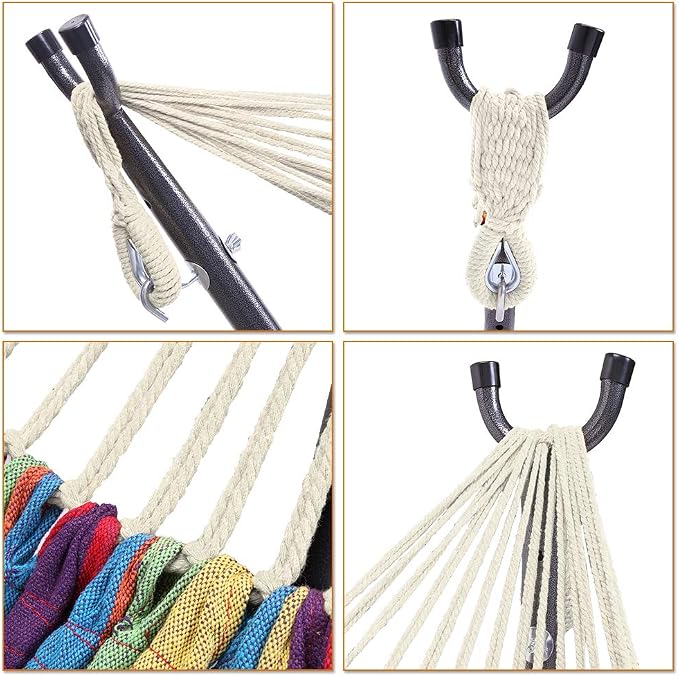 Hammock with Stand, Double Cotton Hammock with Space Saving Steel Stand, Heavy Duty Outside Garden Yard Outdoor 250lb Capacity Standing Hammocks and Portable Carrying Bag