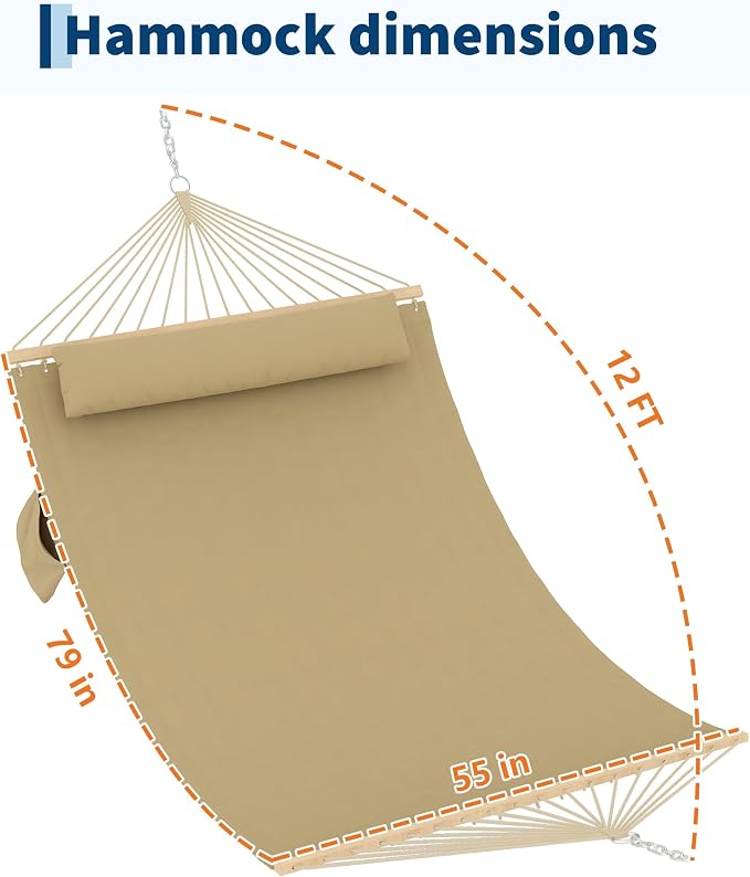 PrecisionAuto Double Quilted Fabric Hammock with Spreader Bar & Detachable Pillow, 12FT Two Person Outdoor Swing Bed Supports 450LBS for Patio Backyard Poolside Relaxation