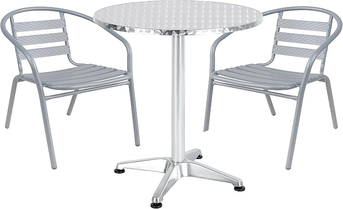 BTEXPERT Gray Indoor Outdoor Restaurant Stainless Steel Silver Aluminum + 2 Metal Slat Stack Commercial Lightweight, 2 Chairs with a 27.5" Round Table