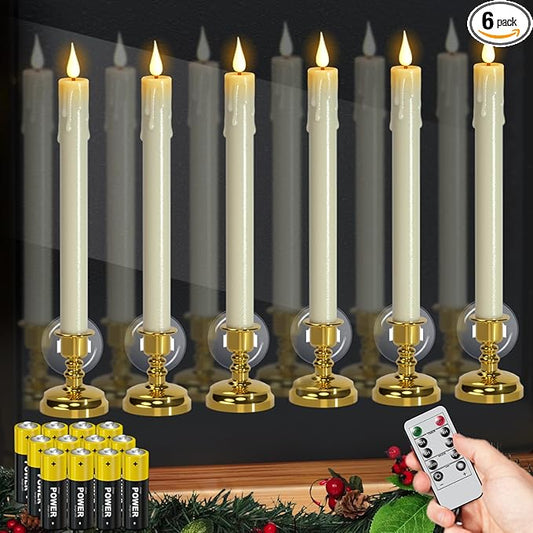 DRomance Christmas Flameless Window Taper Candles Battery Operated with Remote and Timer, 6 Pack Ivory Plastic Dripping LED Flickering Candles with Suction Cups Holiday Indoor Decor(Gold Holders)