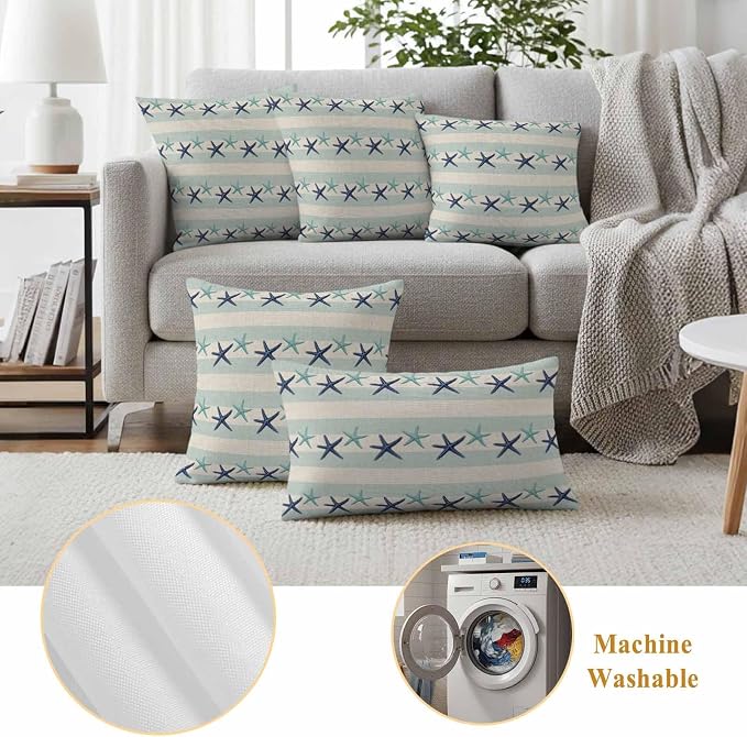 Summer Ocean Starfish Outdoor Pillow Covers Set of 2 Nautical Farmhouse Blue Teal Starfish Rustic Stripe Waterproof Throw Pillow Cover Decorative Cushion Cases for Patio Porch Garden 18X18 Inch