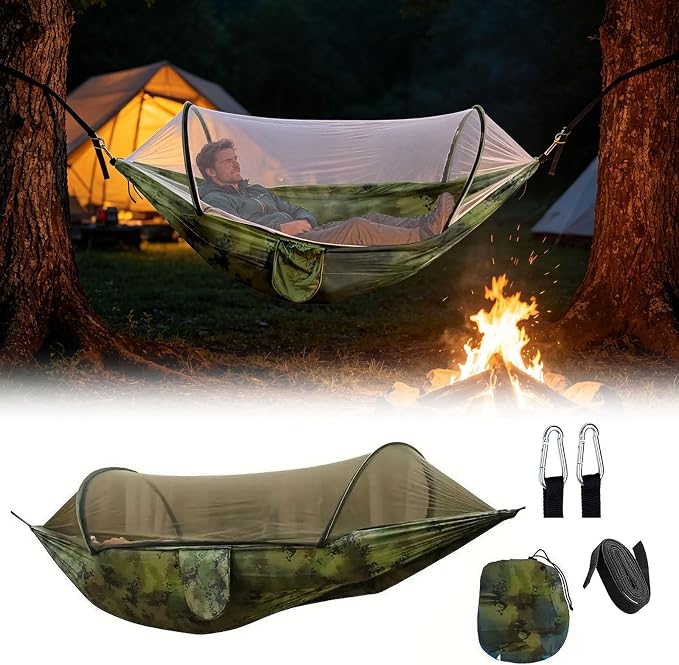 Heavy Duty Hammock with Mosquito Net–Canvas Hammock, Fade-Resistant Cotton Lounger, Roll-Free Comfort Design, Easy Setup for Backyard, Porch, Garden, Camping, Travel (Camouflage)