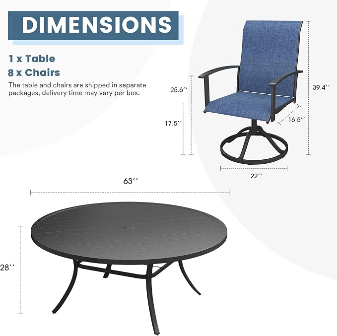 DIFY 9 Pieces Outdoor Dining Set for 8, 63" Black Round Metal Table with Umbrella Hole and Blue Textilene Swivel Patio Chairs, Patio Table and Chairs Set for Garden, Backyard, Poolside