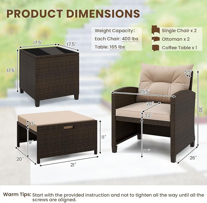 ORALNER 5 Pieces Patio Furniture Set with Ottoman, Wicker Conversation Set w/Cushions, Glass Coffee Table, Outdoor Rattan Lounger Chairs Bistro Set for Porch Balcony Garden Deck Poolside (Beige)