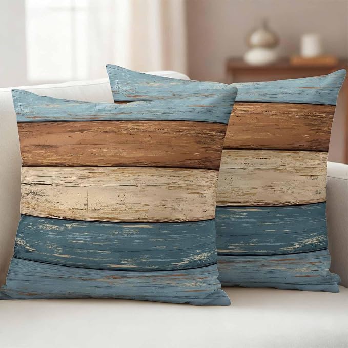 Farmhouse Blue Brown Outdoor Waterproof Pillow Covers, Vintage Wooden Striped Decorative Square Throw Pillowcase Sofa Cushion Sham for Patio/Couch/Chair, 16"x16" 2 Pack