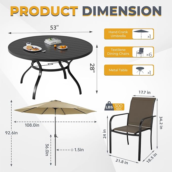 Incbruce 8 PCS Patio Dining Set with Brown Umbrella, Outdoor Dining Set of 6 Textilene Chairs and 53" Round Table with Umbrella Hole for Backyard, Garden, and Poolside (Brown)