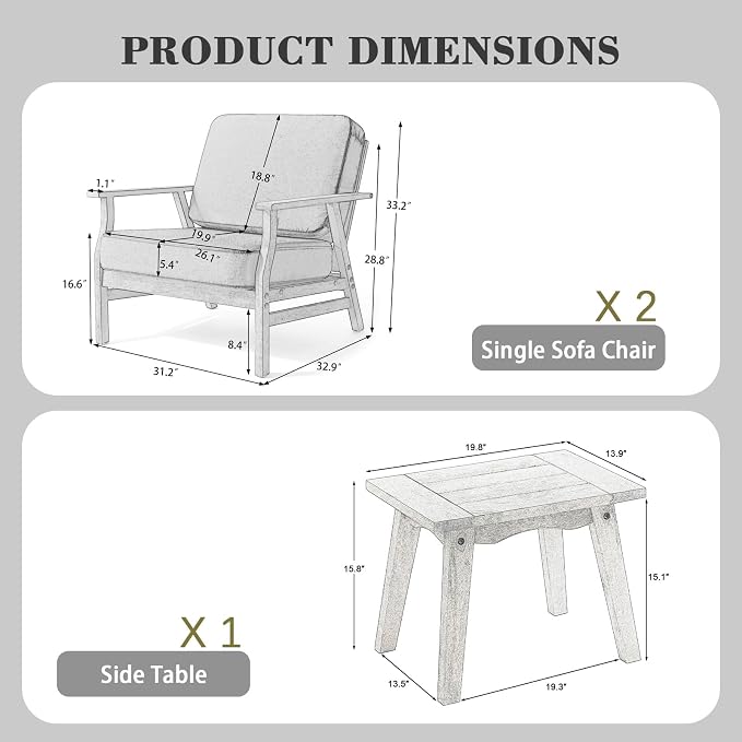 3 Piece Wood Patio Chair Outdoor Bistro Set, Outdoor Armchair All Weather Patio Sofa Furniture Backyard Conversation Sets with Wooden Side Table, Gray
