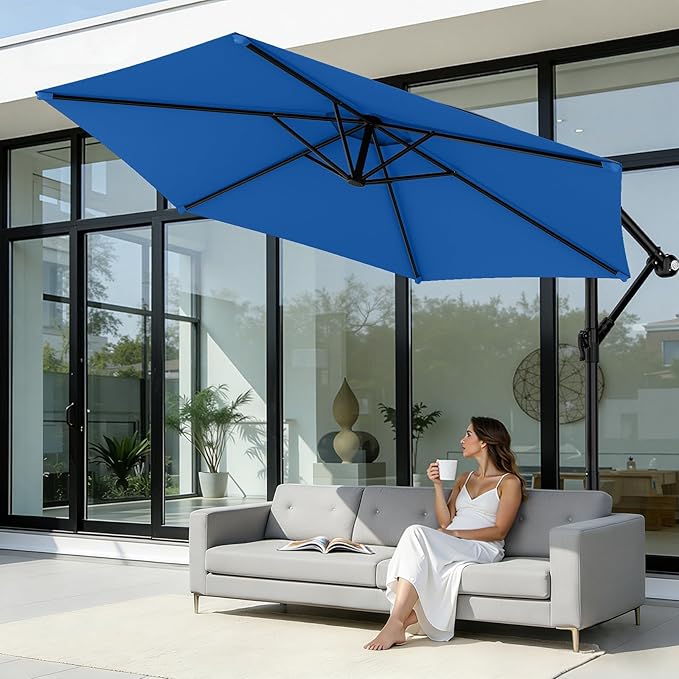 AreShark 10FT Patio Outdoor Umbrella, Offset Patio Umbrella Cantilever Umbrella, 6 Sturdy Ribs, Easy Adjustment for Garden Market Pool with Cross Base (Royal Blue)