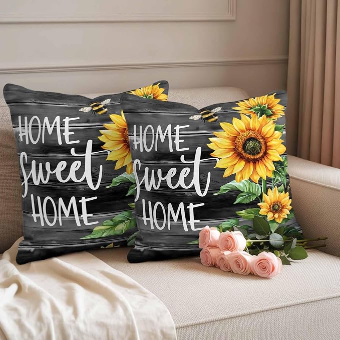 Throw Pillow Covers 26x26 Inch Set of 2, Spring Sunflowers Waterproof Outdoor Pillow Covers, Black Wooden Grain Country Farm Decorative Cushion Pillowcases for Couch, Sofa, Bed, Garden, Patio