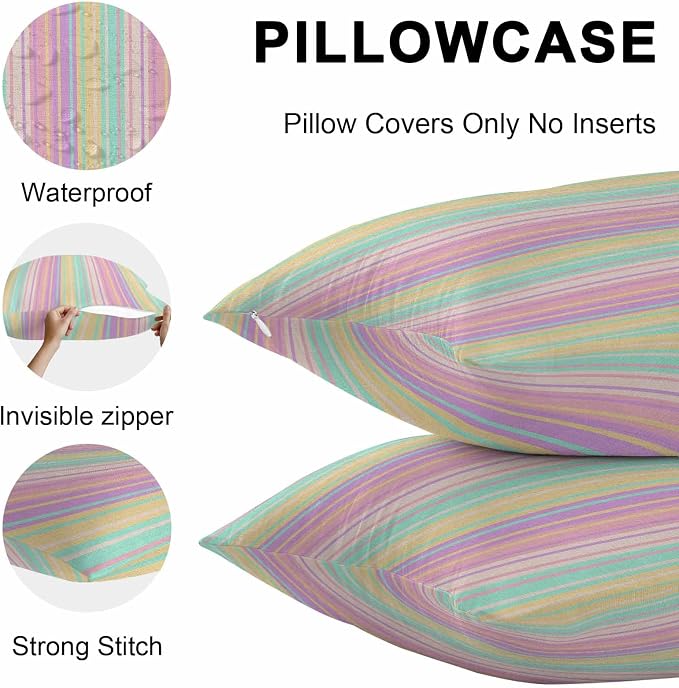 Pink Aqua Stripe Outdoor Pillow Covers 24x24 Inch Throw Pillow Covers Set of 2 Waterproof Decorative Pillow Cases Yellow Geometric Country Geometric Cushion Covers for Patio Furniture Garden Couch