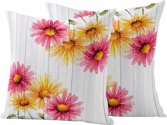 Yellow Pink Daisy Outdoor Pillow Covers 16"x16" Set of 2, Rustic Farmhouse Wooden Slats Waterproof Throw Pillow Covers for Patio Furniture, Decorative Cushion Covers for Porch
