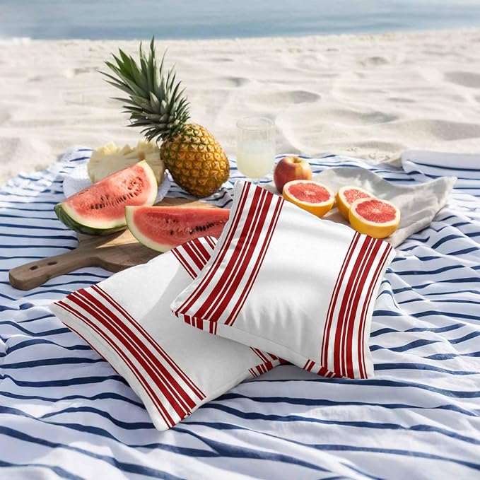 Outdoor Waterproof Throw Pillow Covers Set of 2 Red Stripes Pillowcases 26x26 Inches White Vertical Striped Decorative Pillows Cushion Case Patio Pillows for Couch Bed Chair Garden