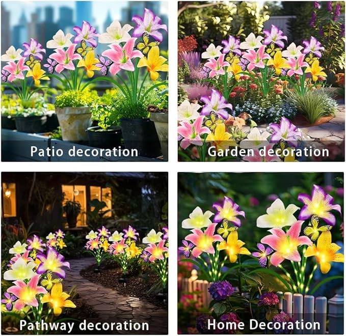 Solar Lights Outdoor, Gift for Women Mom Grandma, 4 Pack with 16 Solar Lily Flower Lights and Butterfly Decor, Solar Flower Lights Waterproof, Outside Decor Stake Light for Landscape Yard Patio Lawn