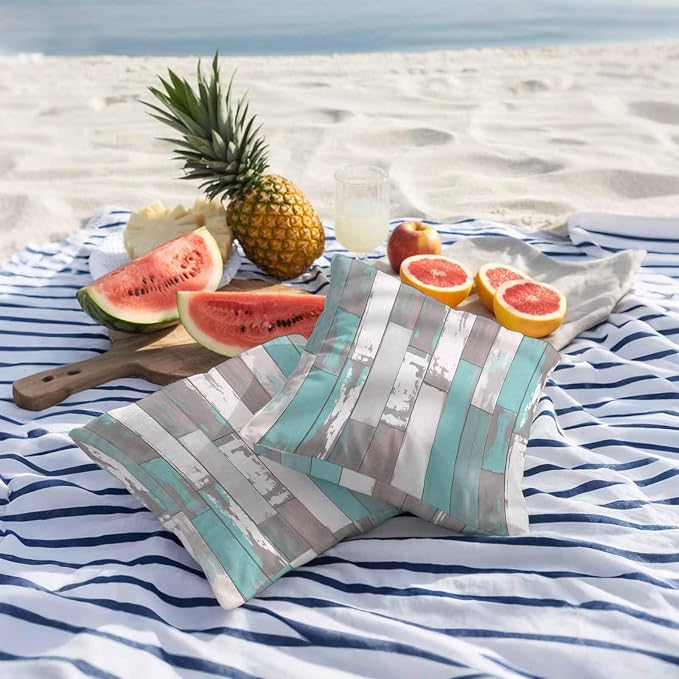 Turquoise Gray Outdoor Pillow Covers 24x24 Inch Throw Pillow Covers Set of 2 Waterproof Decorative Pillow Cases Country Retro Mottled Texture Wood Grain Cushion Covers for Patio Furniture Garden Couch