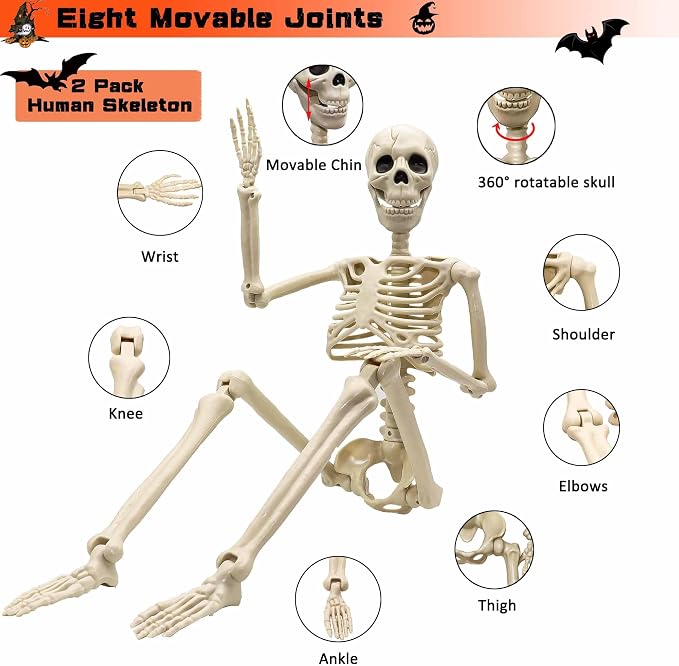 2 Pack 36"Halloween Skeleton - 3 ft Life Size Human Skeleton with Full Body Posable Joints Plastic Skeleton for Halloween Skeletons Decor Yard Patio Lawn Garden Skeleton Props Spooky Party Decoration