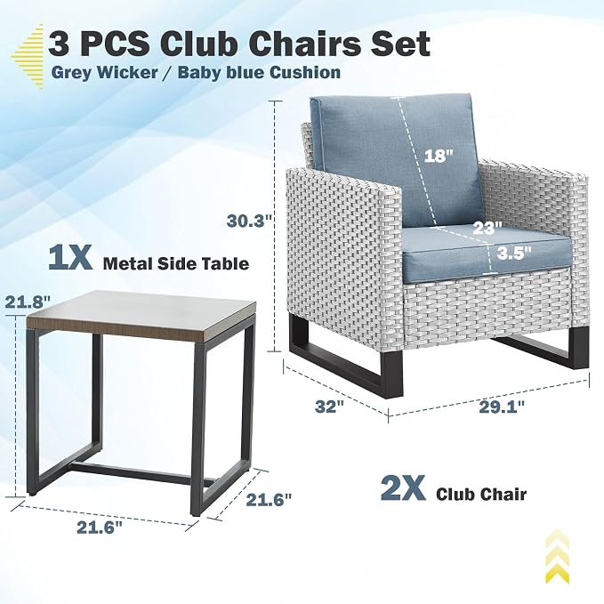 Belord Outdoor Bistro Set 3 Piece Outdoor Wicker Patio Chairs, Oversize Outdoor Rattan Seating Set, All-Weather Chairs Wicker Furniture with Side Table and Removable Cushion for Outside, Light Grey