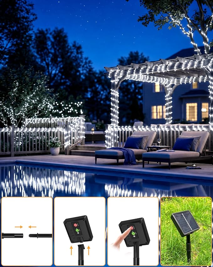 btfarm 4 Pack Solar Rope Lights, 120LED 46FT Solar String Lights Outdoor Waterproof, 8 Lighting Modes Solar Powered Strip Tube for Outside Garden Tree Christmas Yard Patio Wedding Decor, Cool White