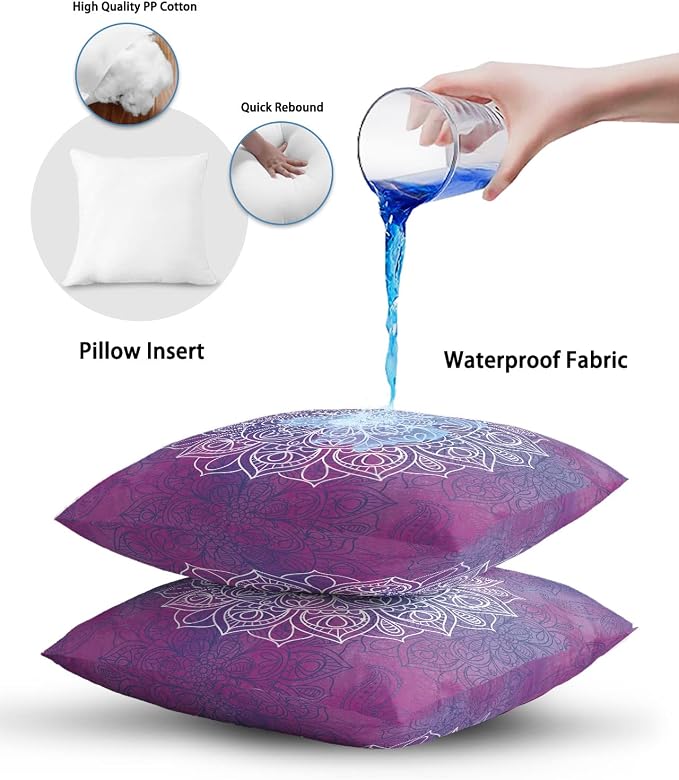 Outdoor Waterproof Throw Pillows Indian Mandala on Purple Patio Pillows Pack of 1,Decorative Pillow Covers with Insert,Pillow Cushion Case for Indoor Garden Couch Sofa Retro Flower Watercolor Art
