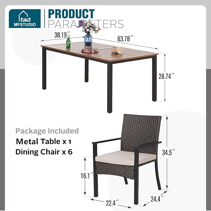 MFSTUDIO Outdoor Dining Sets for 6, Patio Metal Table and Chairs Set, 7 Pieces All Weather Patio Wicker Dining Furniture, Outdoor Rectangular Wood-Like Table for 6, Backyard