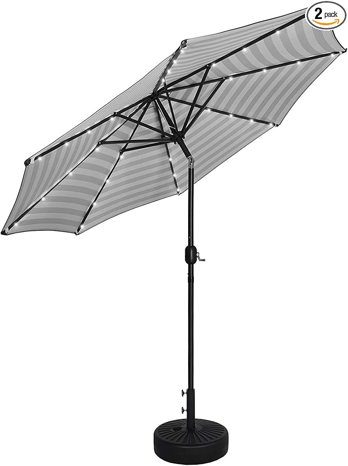 WO Home Furniture 9 Ft Patio Solar Power LED Lights Market Umbrella with Black Color Round Free Standing Weight Base kit, Gray/White