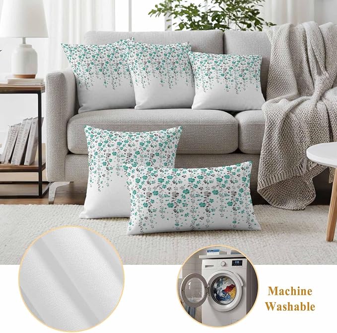 Flower Teal Outdoor Waterproof Throw Pillow Covers Set of 2, 18"x18", Grey Cherry Blossoms White Background Decorative Pillow Covers Outside Cushion Case for Patio Porch Garden