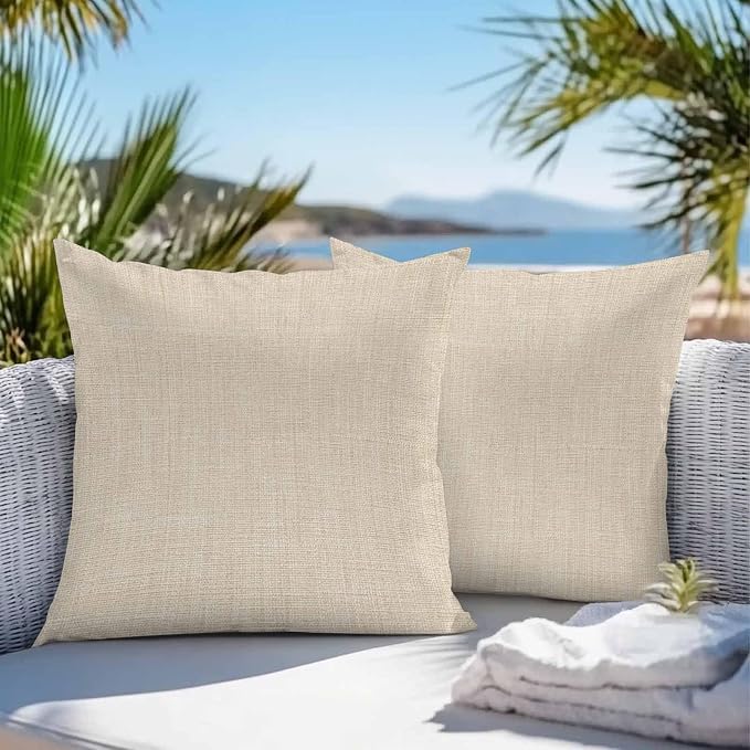 Pack of 2 Waterproof Outdoor Pillow Covers 20x20 Inch Decorative Pillow Covers Vintage Cream Throw Pillowcases Farmhouse Retro Beige Solid Color Outdoor Cushion Cover for Couch, Patio, Tent
