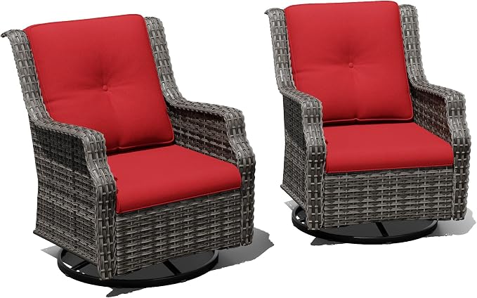 Swivel Patio Chairs Set of 2, Wicker Patio Furniture with Thick Cushions, Curved Armrest, Deep Seating, Rattan Outdoor Chairs for Porch, Deck, Balcony