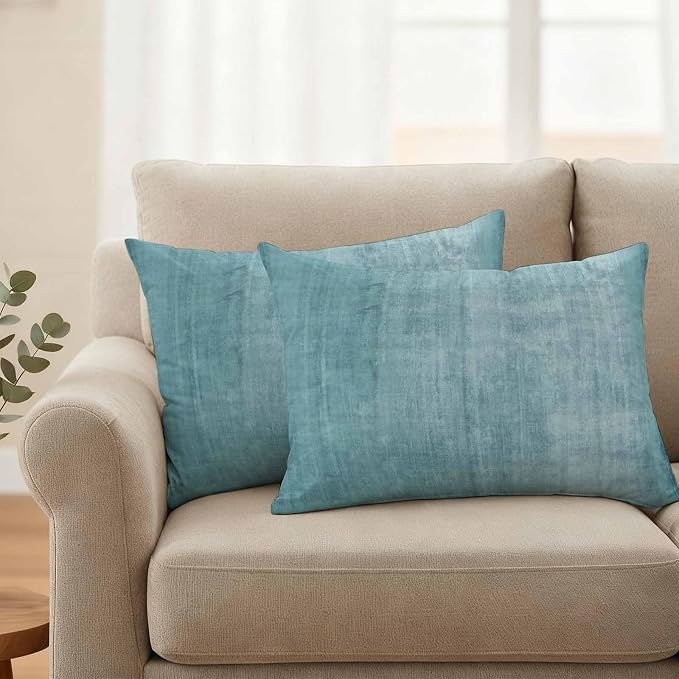 Vandarllin Outdoor Throw Pillows Covers 20x12 inch Set of 2 Waterproof Turquoise Linen Decorative Zippered Cushion Covers for Patio Furniture, Solid Color Texture Lumbar Pillowcases