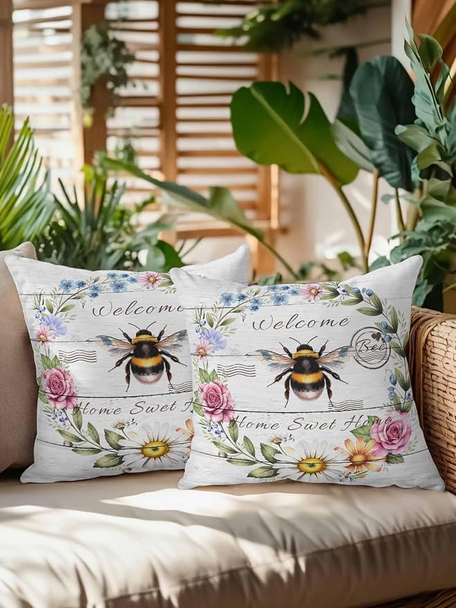 Outdoor Waterproof Throw Pillows Rustic Bee Flower Wreath Patio Pillows Pack of 2,Decorative Pillow Covers with Insert,Pillow Cushion Case for Garden Couch Sofa Farmhouse White Wood Board