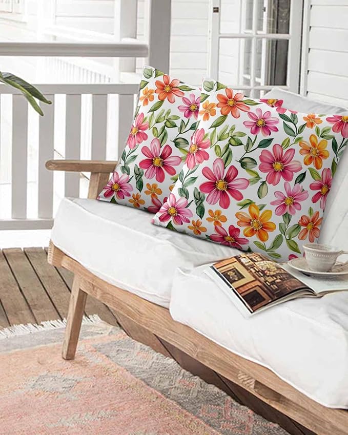 Outdoor Waterproof Throw Pillows Spring Watercolor Wild Flower Patio Pillows,Decorative Pillow Covers with Insert,Pillow Cushion Case for Garden Couch Sofa Country Small Pink Flower